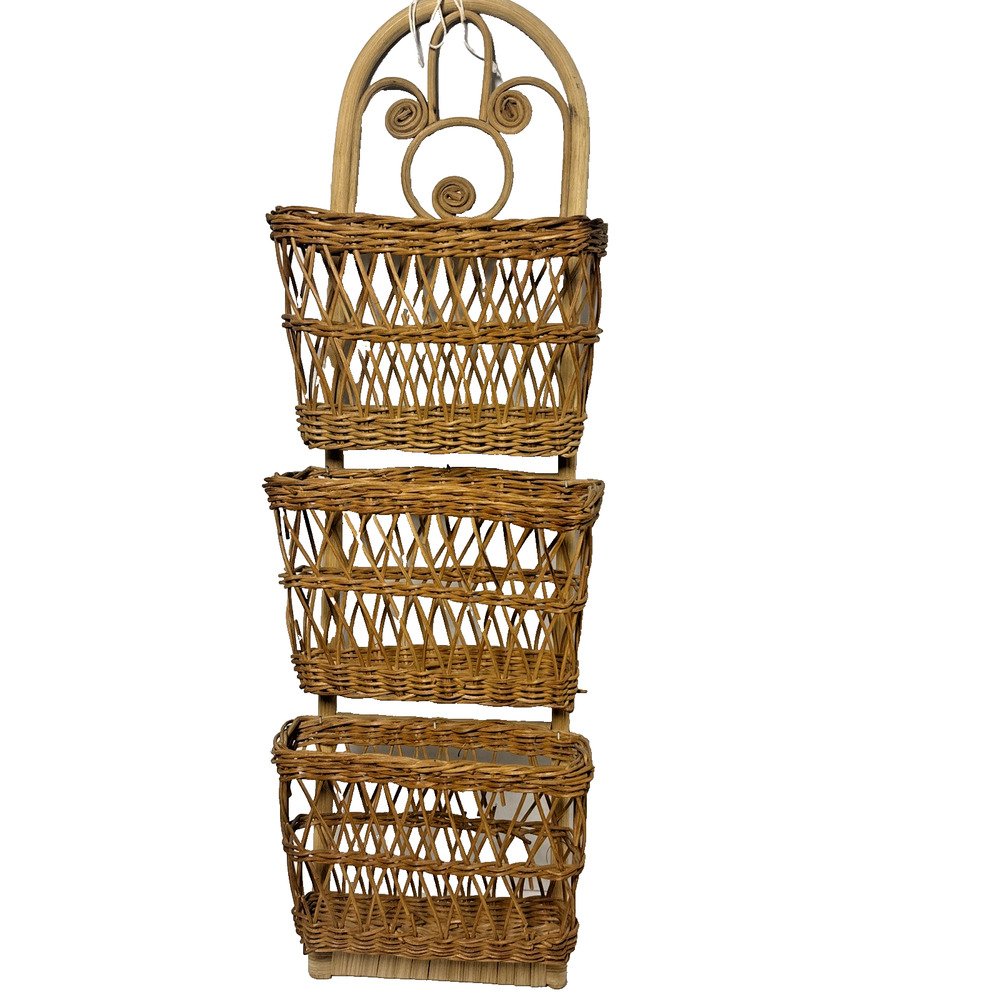 Vintage Boho Rattan Wicker Hanging Mail 3 Pocket Organizer 22"
